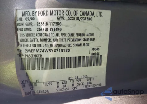 2000 Mercury Grand Marquis Gs from USA, damaged, VIN 2MEFM74W5YX715180